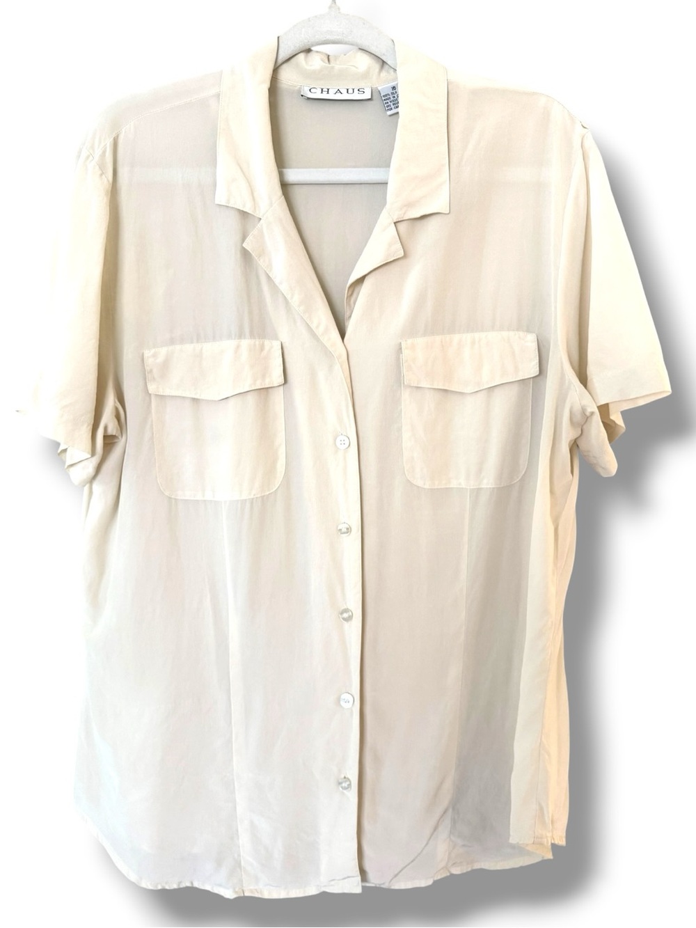 CHAUS Women's Ivory Silk Short Sleeve Button-up Blouse, Relaxed Fit, Size 16